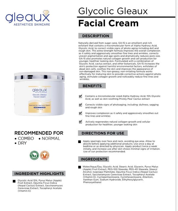 Glycolic Gleaux Facial Cream product sheet: description, benefits, directions and ingredients