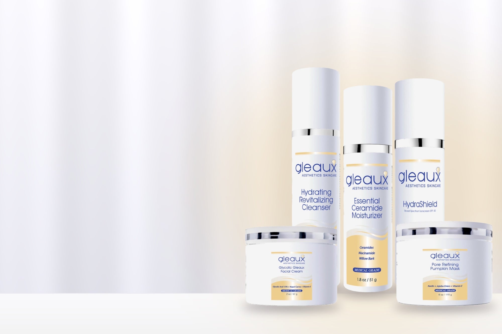 The Essentials Line by Gleaux Aesthetics Skincare: cleanser, glycolic cream, ceramide moisturizer, HydraShield SPF 40 and pumpkin mask