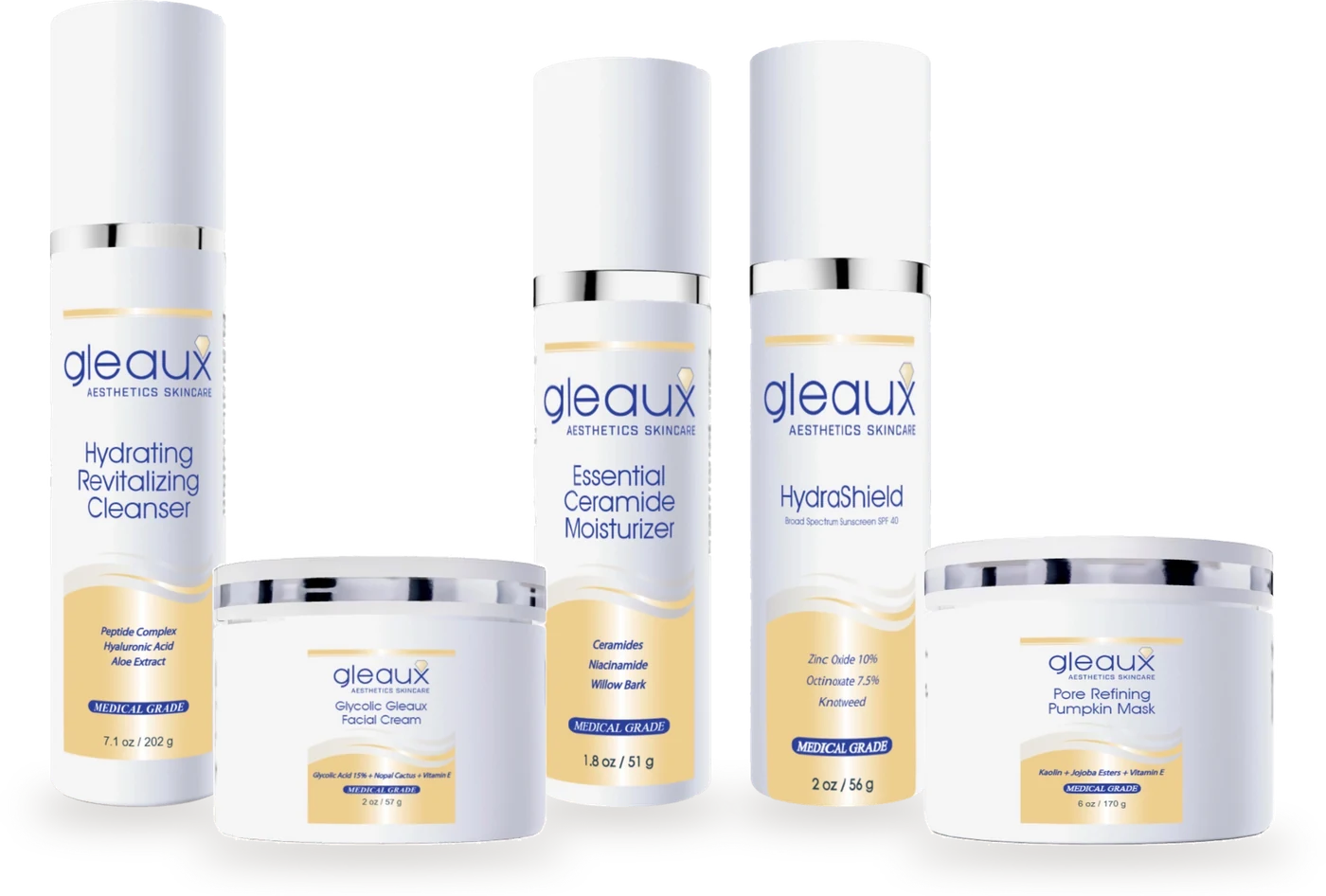 The five Gleaux Aesthetics Essentials: cleanser, glycolic facial cream, ceramide moisturizer, HydraShield SPF 40 and pumpkin mask